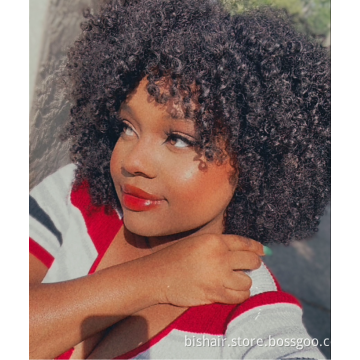 Afro Kinky Curly Wig With Bangs Full Machine Made  200 Density Virgin Brazilian Short Curly Human Hair Wigs Natural Color